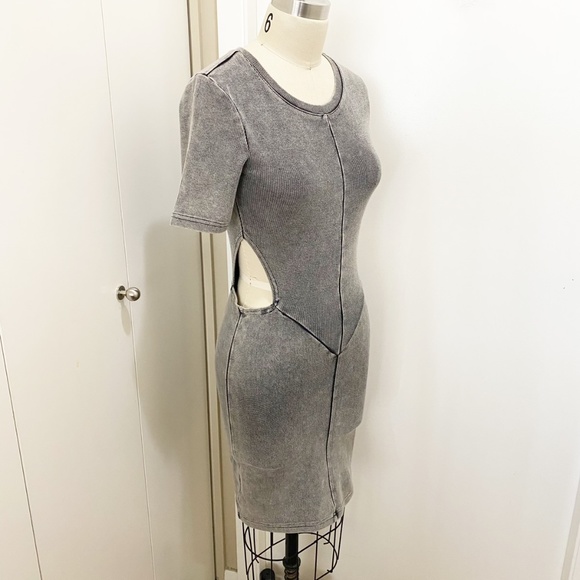 NWT DIVIDED Cotton Cut-Out Wash Rib Knit Midi Bodycon Stretch Dress Black Grey S - Picture 7 of 8